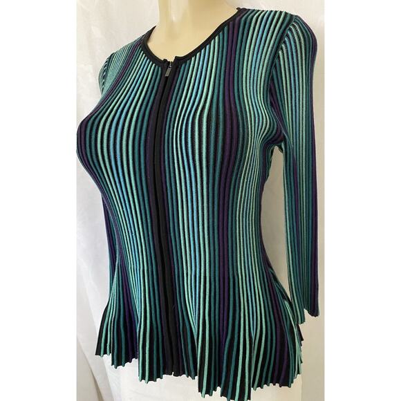 St John Ribbed Knit Peplum Sweater Top Striped 3/4 Sleeve Zip Front Blue… - Picture 2 of 9
